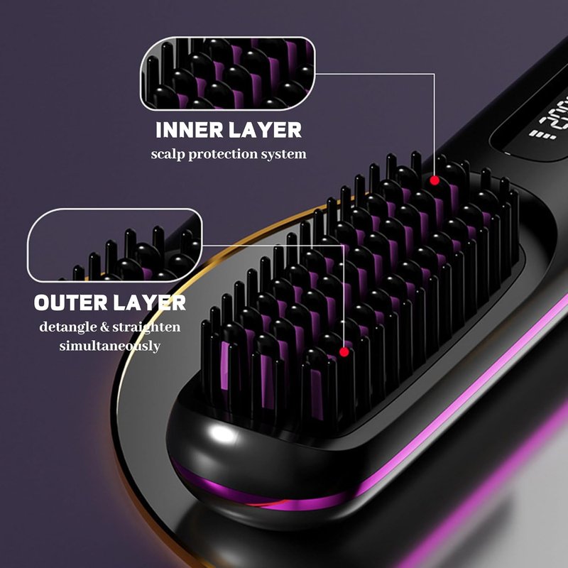 Portable Cordless Hair Straightener Brush - Fast 30s Heat, 3 Temp Settings | Travel-Friendly Gray Design