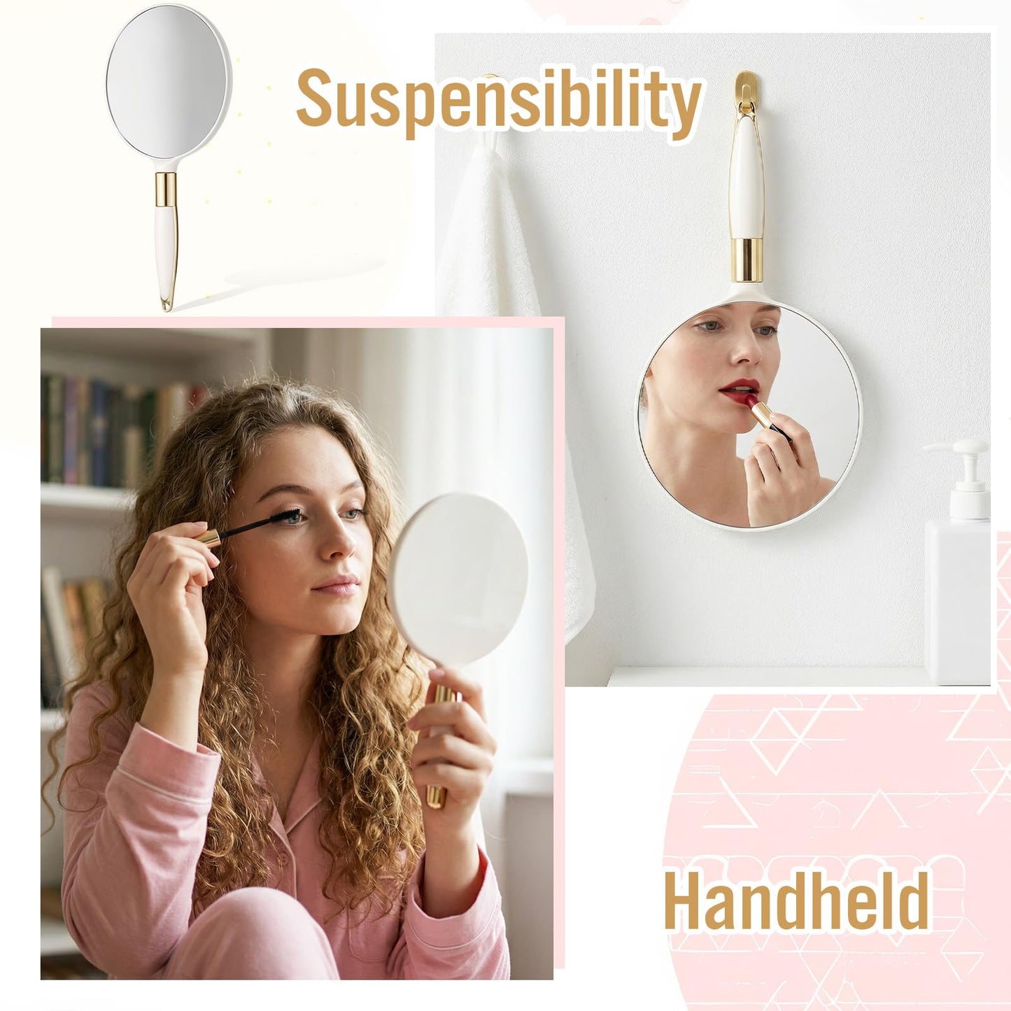 Zyghjort Round Hand Held Mirror, White Handheld Mirror 4.7W X 9.4 L inchs Handle Makeup Mirrors for Women