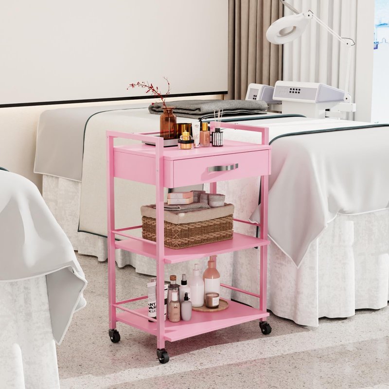 Salon Trolley Cart for Beauty SPA, Wooden Rolling Storage Station, Mobile Utility Cabinet with 1 Drawer 2 Trays, Medical Esthetic Supply Holder for Massage Tattoo Facials, Pink