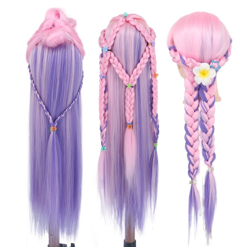 Eumos Mannequin Head with Hair, 29'' Doll Head for Hair Styling Training Head Manikin Practice Cosmetology Doll Head Styling Hairdressing Training Braiding Heads with Clamp Holder (Pink Purple)