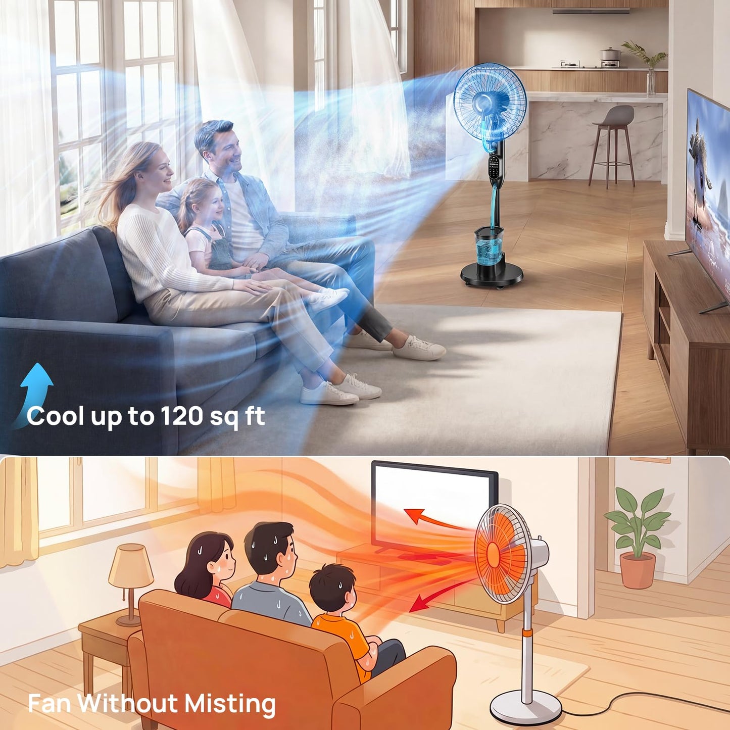 AetherMist Misting Fan, 16'' Standing Fan with Humidifier, Oscillating Fan with 9 Speeds 7H Timer, Fan for Bedroom, Pedestal Fan Indoor Only - 2026 Upgraded