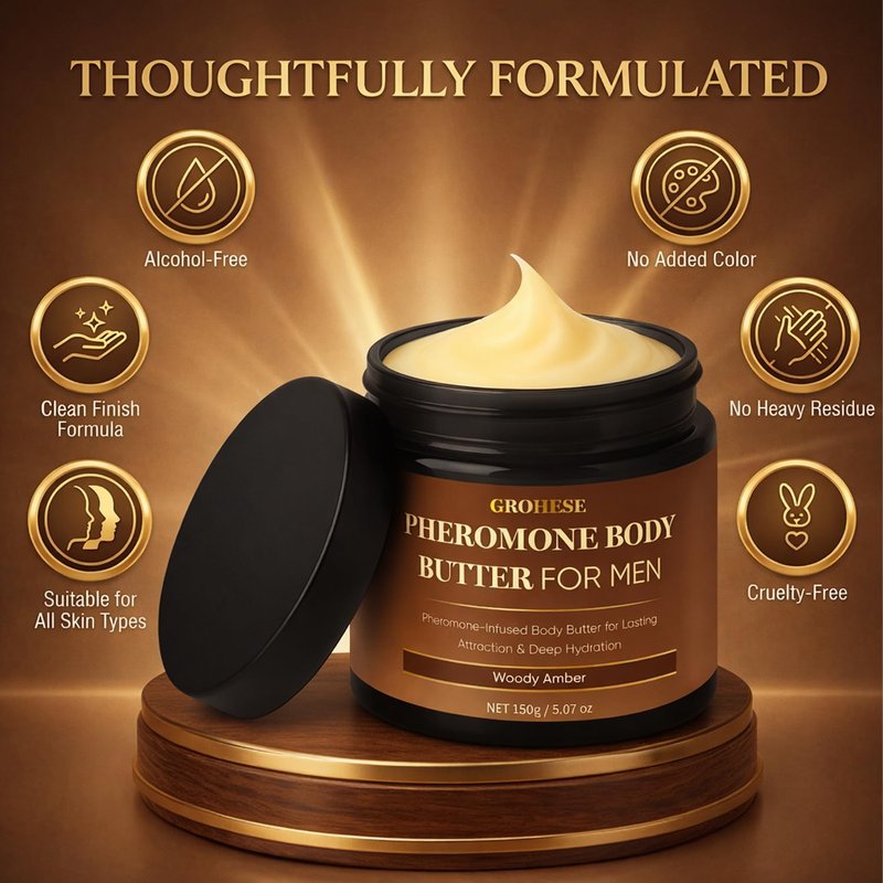 Allaura Beauty Pheromone Body Butter Men, Mens Skin Cream, Cologne-Inspired Fragrance Moisturizer with Shea Butter, Cocoa Butter & Coconut Oil, Non-Greasy Hydrating Body Cream - Woody Amber