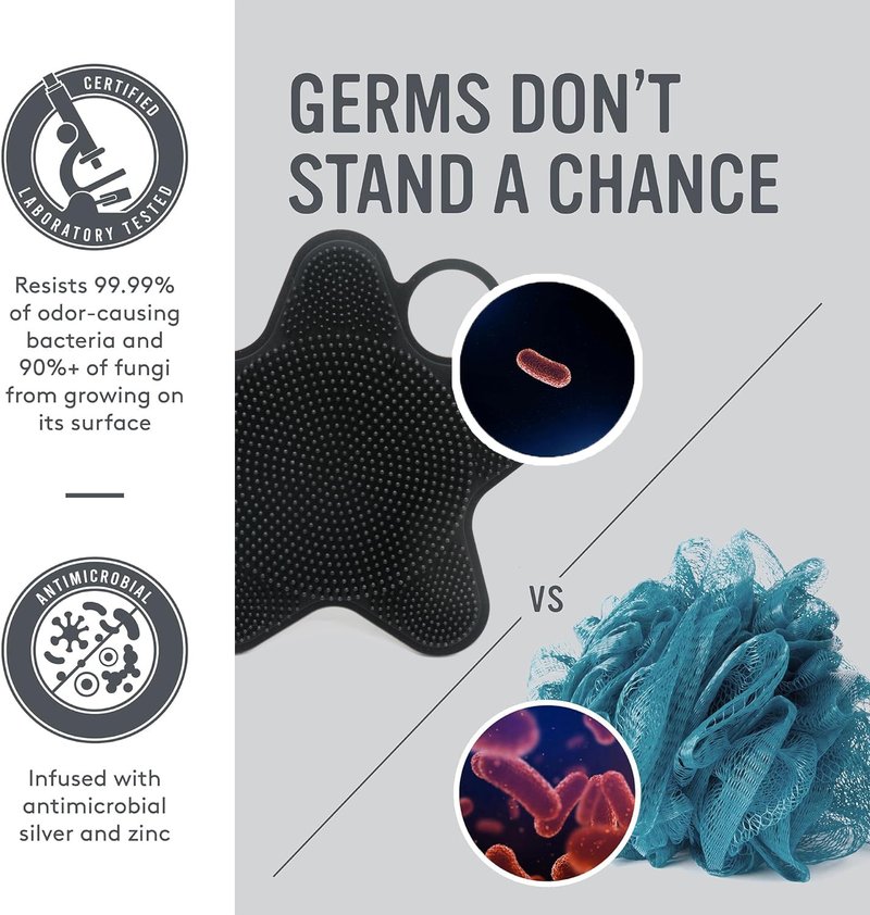 LUCKSTELLA Food-Grade Silicone Body Scrubber, Dual-Sided Silicone Body Brush for Shower, Gentle Exfoliating and Lather Well, Gentle Scrubber for Sensitive Skin, Easy-to-Clean Massage Brush(Black)
