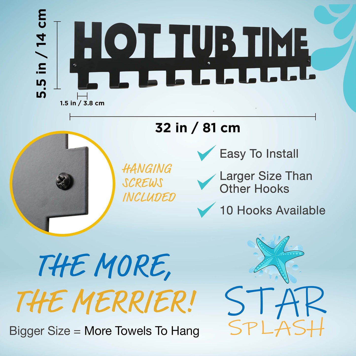 Star Splash Extra Large Hot Tub Towel Rack Outdoor – Rust Proof Outdoor Towel Hooks - Hardware Included - Hang Towels and Robes in Style – Upgrade Your Hot Tub Decor and Mudroom - Almost 3 Feet Long