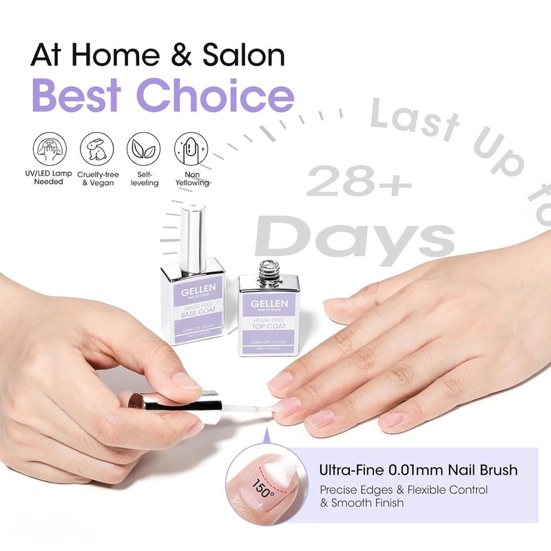 GELLEN Gel Base and Top Coat - Hema-Free Glossy Finish | 20ml No Wipe Soak Off Nail Polish