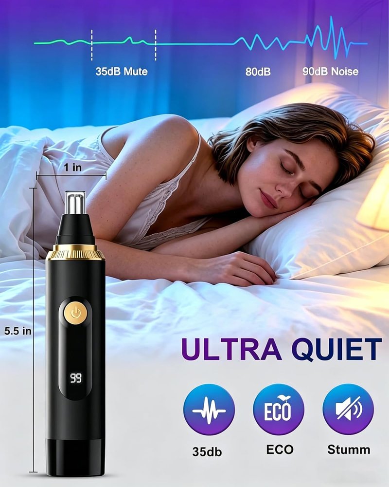 Nose Hair Trimmer - Painless IPX7 Waterproof Facial & Eyebrow Hair Remover | USB Rechargeable, LED Display, Black
