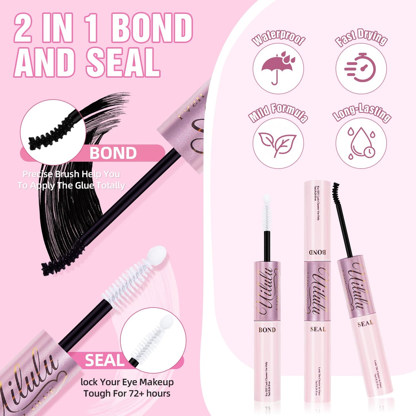 Uilulu Lash Glue - Waterproof 2-in-1 Black Adhesive for Strong Hold | DIY Eyelash Bond & Seal (14ml)