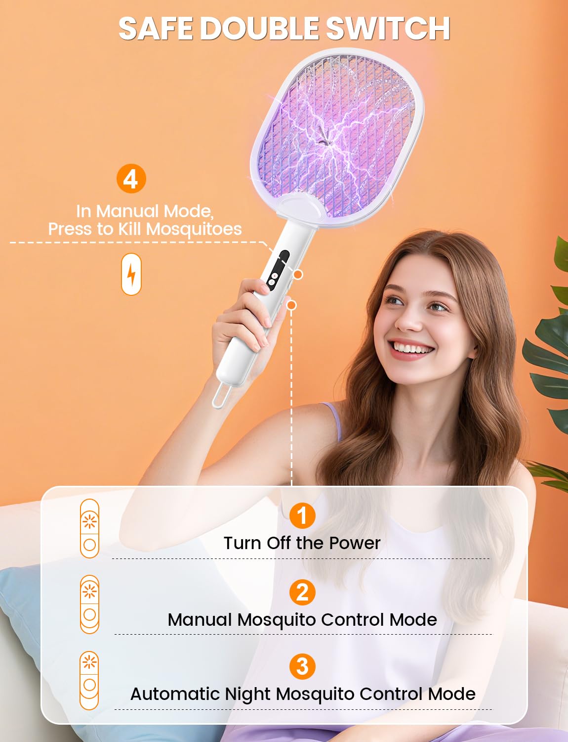 WOCVRYY Electric Fly Swatter 4000V Bug Zapper Racket with 1800mAh Rechargeable Battery 5-Layer Safety Mesh Dual Modes 180° Foldable Ideal for Indoor or Outdoor Use (White)