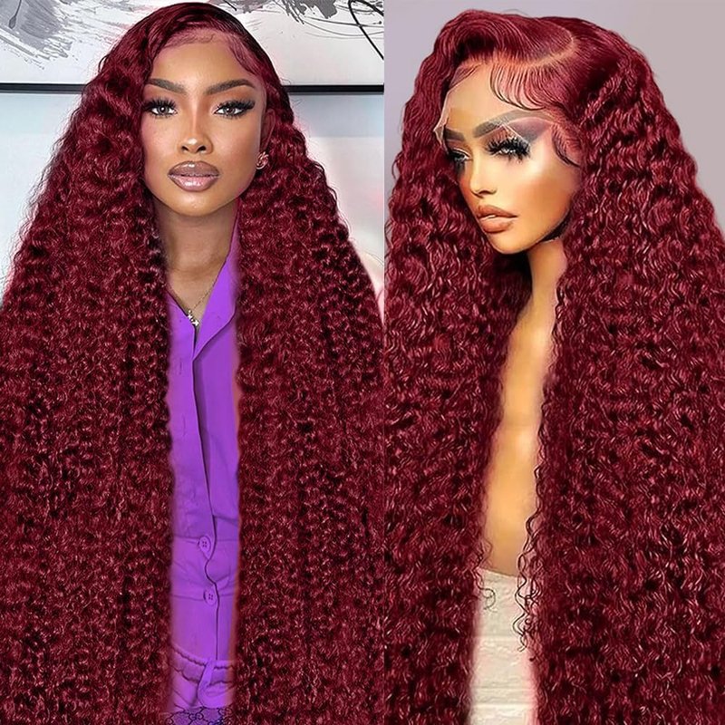 Deep Wave Lace Front Wig - 30 Inch 99J Burgundy Human Hair | HD Transparent, 200% Density, Pre-Plucked