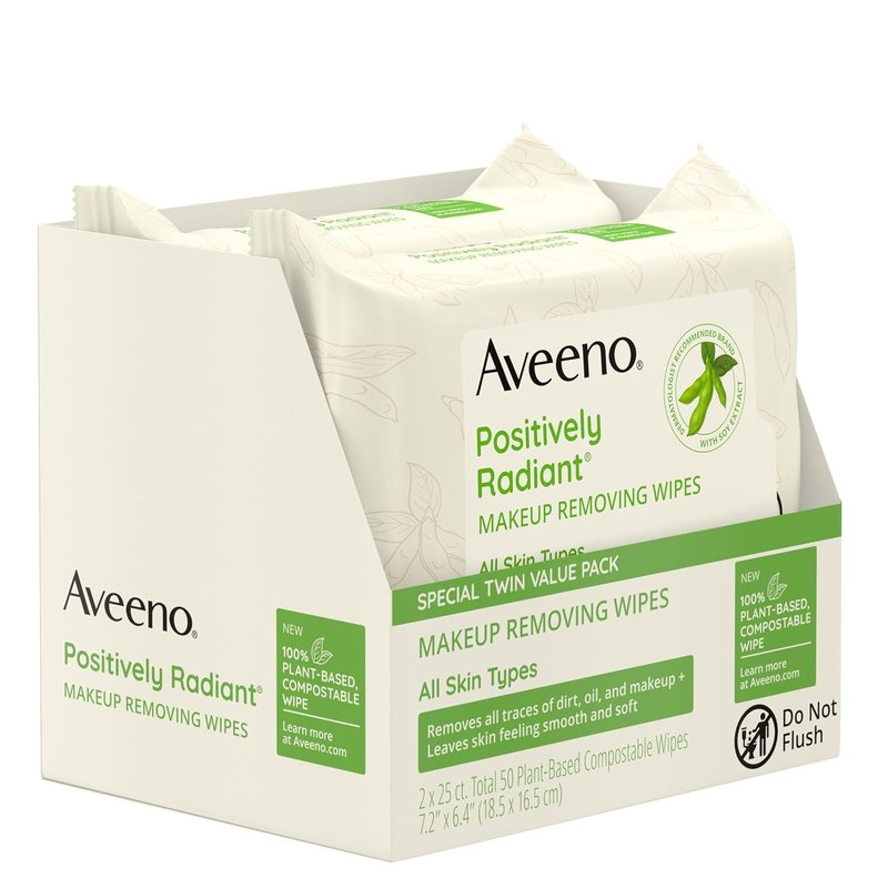 Aveeno Makeup Remover Wipes - Oil Free, Alcohol Free, Gentle Cleansing for Sensitive Skin | Twin Pack, 2 x 25 Ct
