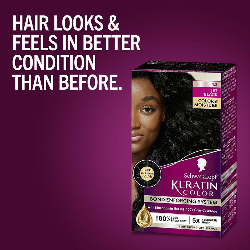Schwarzkopf Keratin Permanent Hair Dye Cream, 1.2 Jet Black, Professional Quality Color for Up to 100% Gray Coverage, Bond Enforcing System