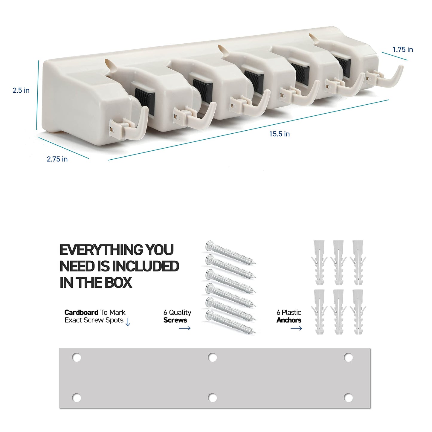 HOME IT Broom and Mop Holder Wall Mount – Heavy Duty Garage Organizer with 5 Slots & 6 Hooks, 7.5lbs Capacity Per Slot - Easy Install Storage Rack for Home, Kitchen, Laundry Room & Garden - Off-White