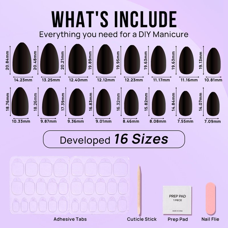 Black Press On Nails Almond - BTArtbox Short Press On Nails with Nail Glue, Fit Perfectly & Natural Reusable Stick On Nails in 16 Sizes - Soft Gel Glue On Nails Kit, Black Velvet
