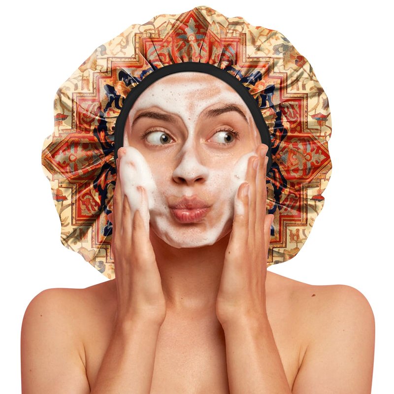 BHAHB Luxury Shower Cap Reusable Terry Cloth Lined EVA Triple Waterproof Layer Elastic Hair Bath Caps for Women Girls Cute-Boho 2