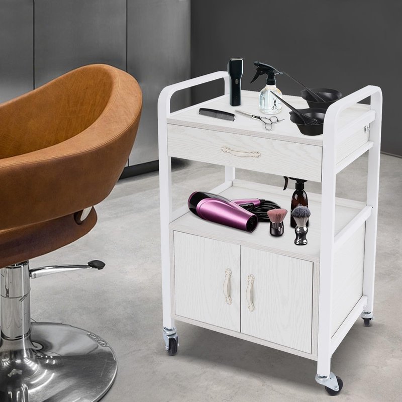 Beauty Salon Utility Trolley Cart for Hair Stylist, Wooden Rolling Storage Cabinet on Wheels, 2-Tier Rolling Medical Stations Cart with Drawers Movable Beauty Organizer (White)