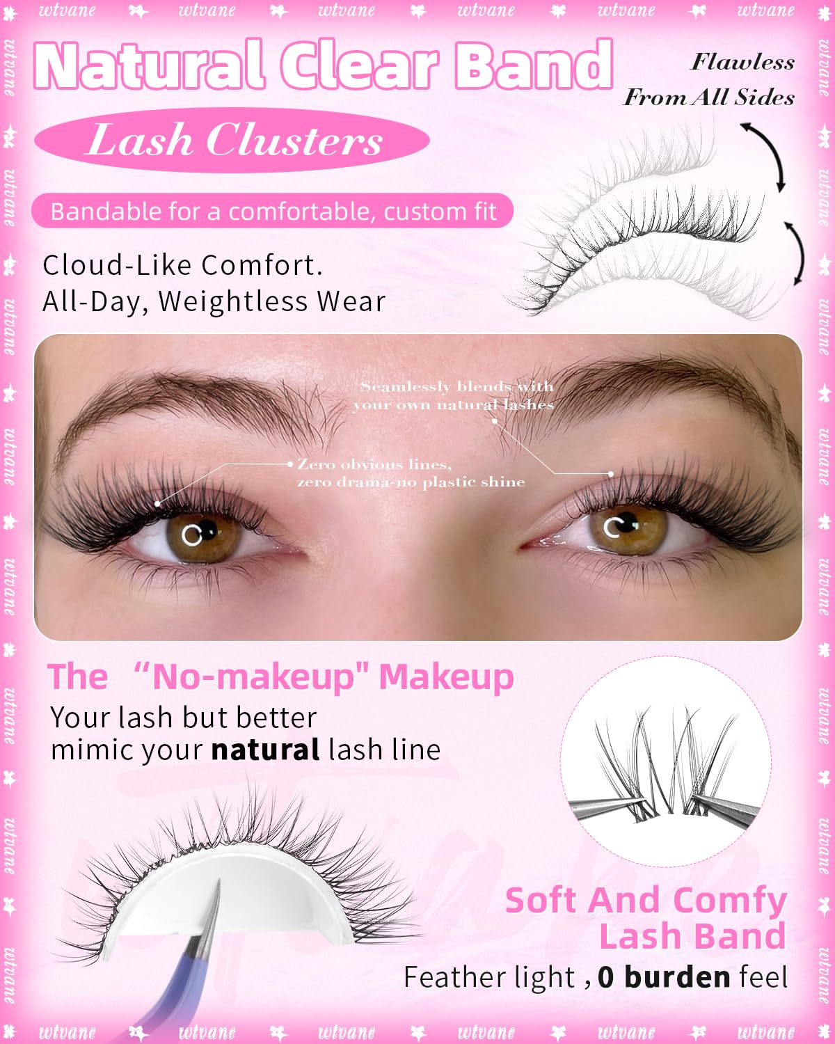 Wtvane Wispy Lash Clusters Short Cluster Eyelash Extensions 8-10mm Natural Lash Extensions Soft Clear Band Lashes Clusters C-Curly Individual Lashes Natural Lash Extensions Look Glasses Friendly
