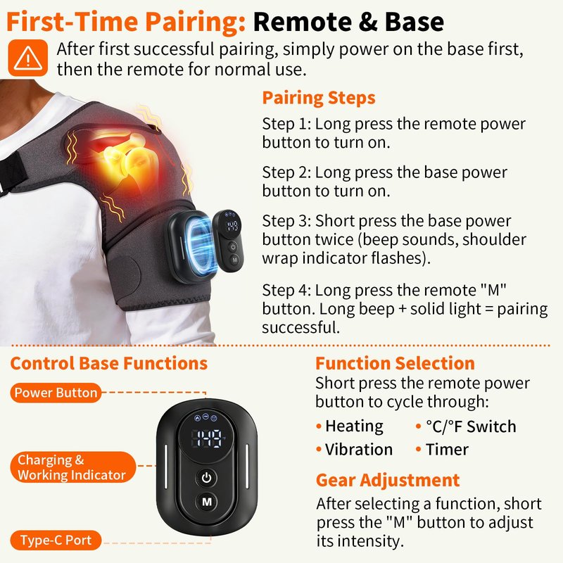 Cordless Shoulder Heating Pad with Detachable Magnetic Remote, 5 Heat & 5 Vibration Modes, Heated Shoulder Wrap Massager for Frozen Shoulder & Rotator Cuff Pain Relief, Ideal Gift for Women Men