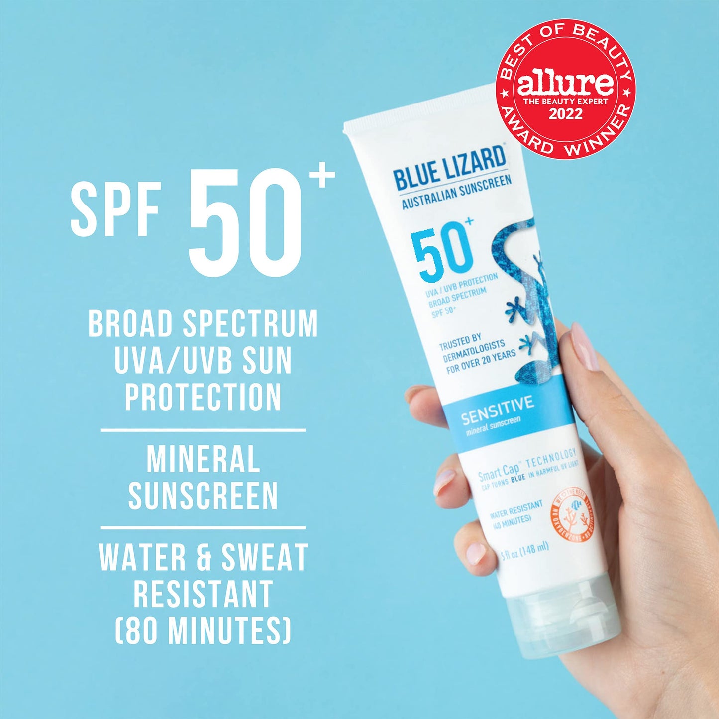 BLUE LIZARD Mineral Sunscreen, SPF 50+, Tube, Zinc Oxide | Water Resistant | Fragrance Free | For Sensitive Skin | 5 Fl Oz Pack of 2