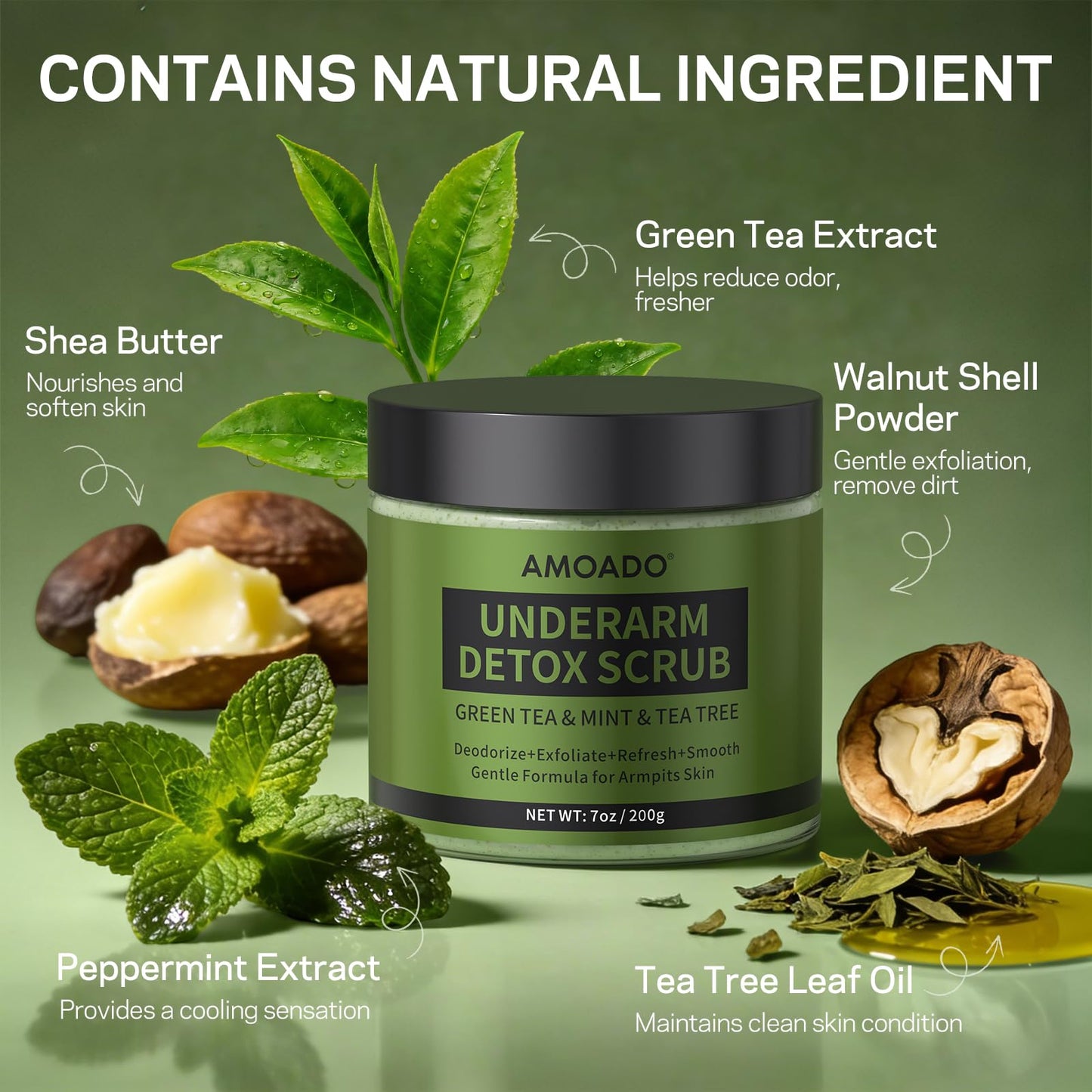 Armpit Detox Scrub with Green Tea, Gentle Underarm Detoxifying Scrub for Odor Control, Underarm Detox Exfoliating Body Scrub for Women & Men, Deodorant Scrub Freshen Skin