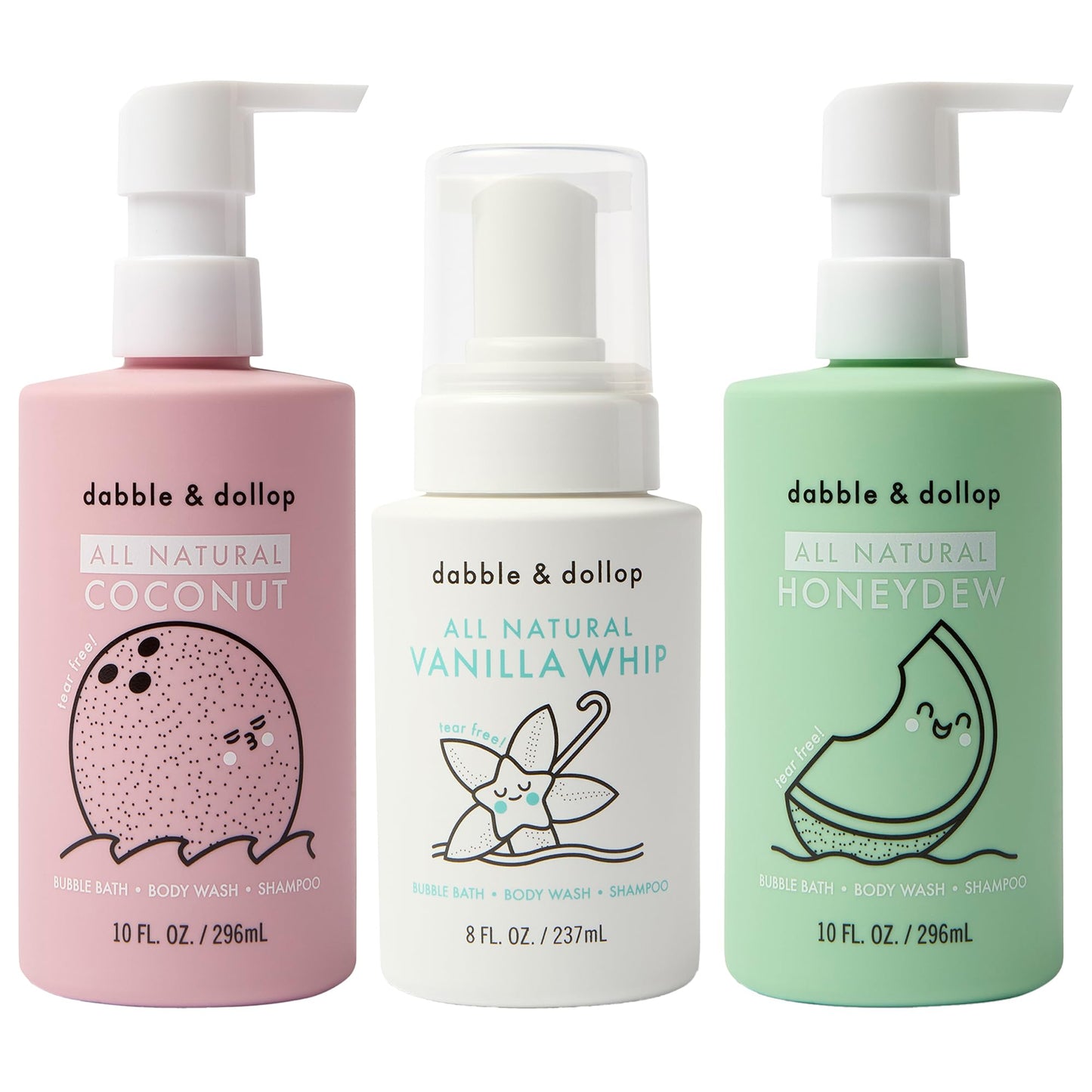 Dabble & Dollop Beachy Kids 3-in-1 Body Wash, Shampoo & Bubble Bath Variety Set – Coconut, Honeydew & Vanilla, Tear-Free, Gentle, Hypoallergenic and Safe for Sensitive Skin (Pack of 3)