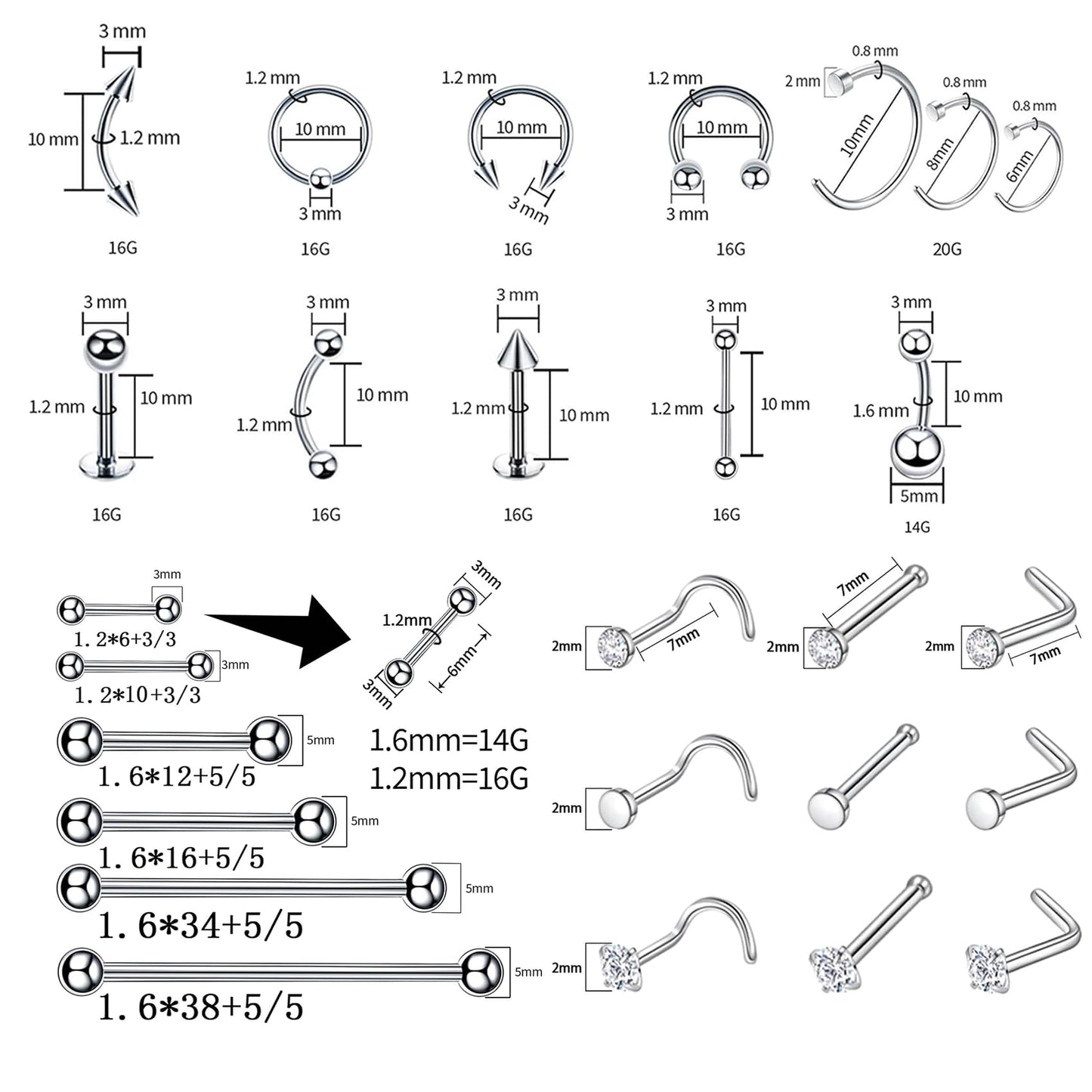 TKKUY 80PCS Nose Piercing Kit: Stainless Steel Body Piercing Jewelry with 12G, 14G, 16G, 20G Needles for Ear, Nose, Lip, Eyebrow