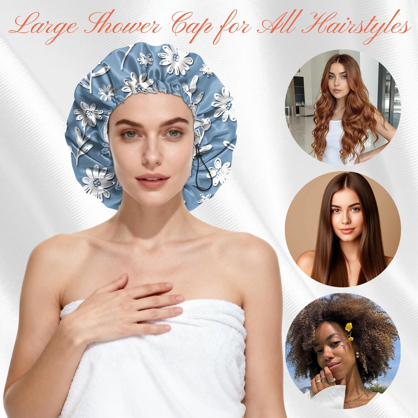 BHAHB Shower Cap Reusable Double Layer Adjustable Elastic Waterproof EVA Hair Bath Caps for Women Girls Cute Aesthetic-White Flower