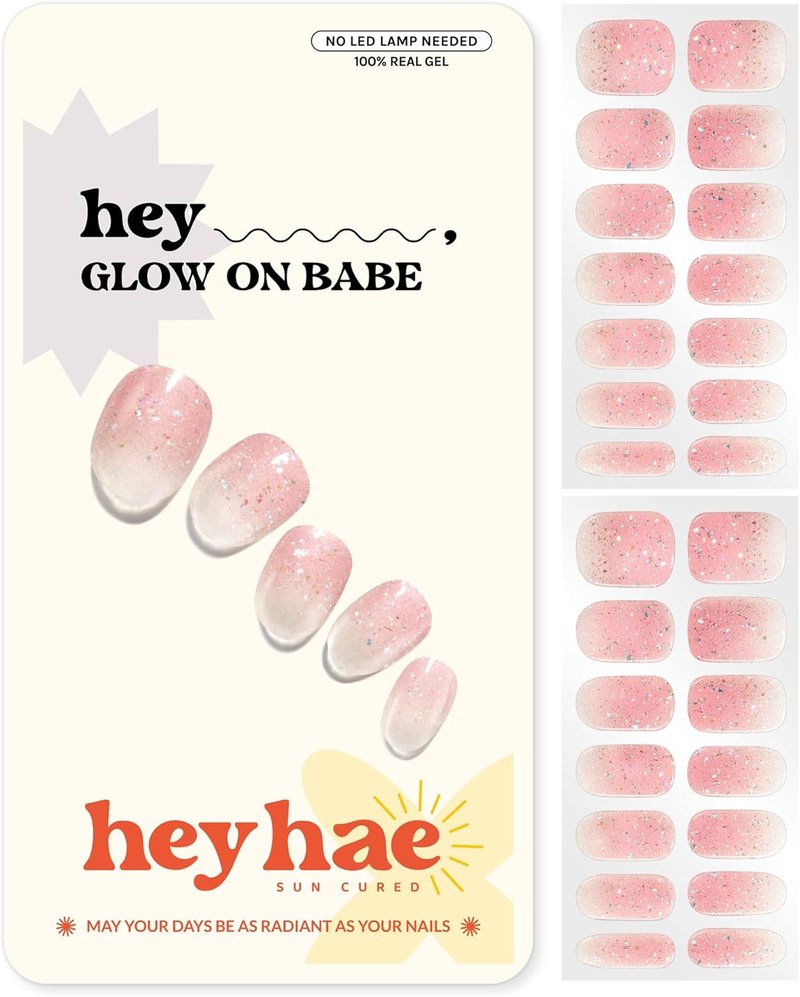Heyhae Semi Cured Gel Nail Strips | No LED Lamp Needed | Pink, Glitter| Easy Apply & Remove, Salon Quality | Includes 28 Strips, 1 Prep Pads, Nail File & Wooden Stick - Hey, Glow On Babe