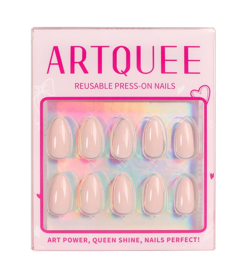 Artquee Press on Nails Short Soft Pink Almond False Tips Glossy Reusable Fake Stick on Nails Kit for Women - 32 Pcs 16 Sizes