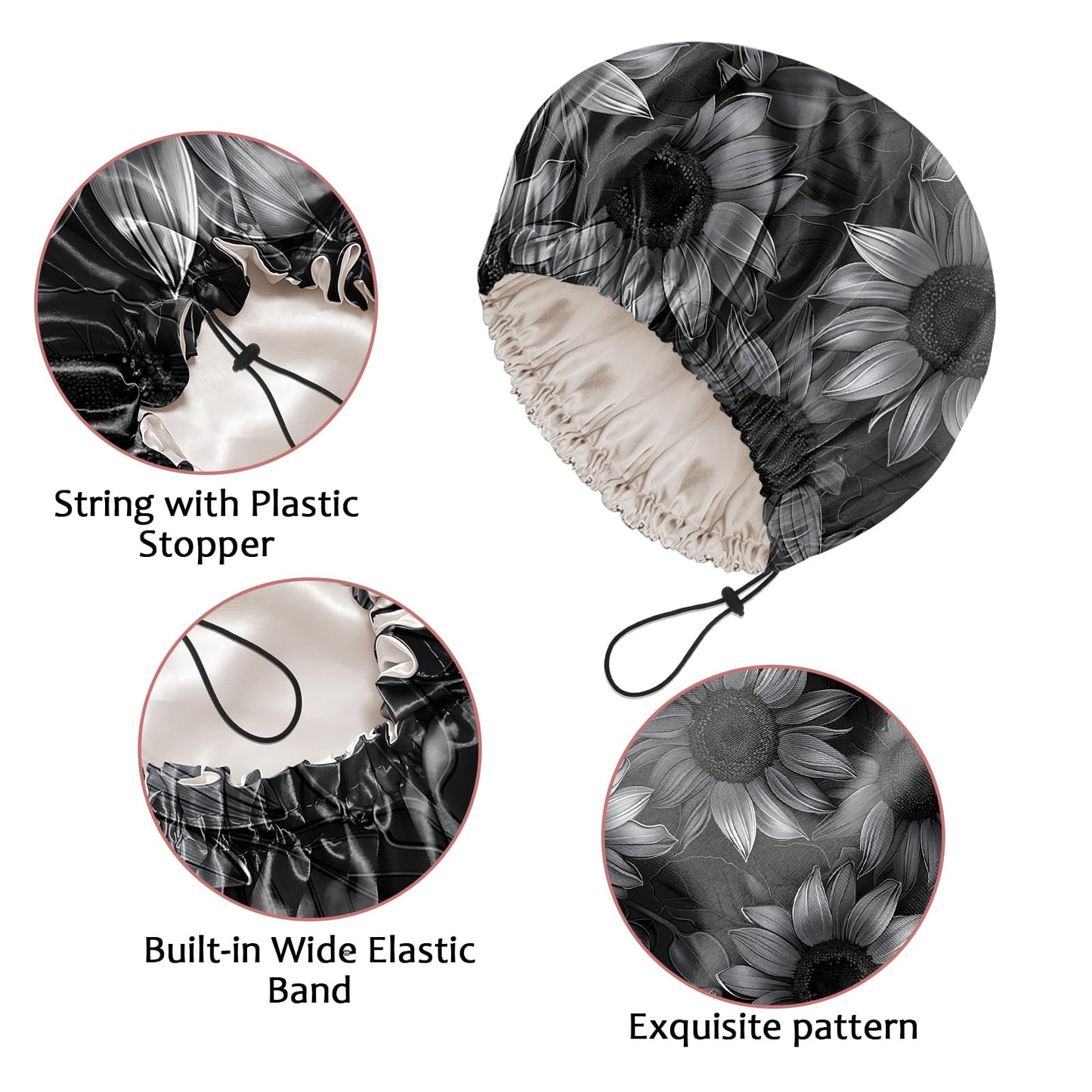 Cabreche Luxury Shower Cap Satin Silk Lined Adjustable Elastic Reusable Waterproof Shower Bath Cap Cute for Women Girls-Black Sunflower