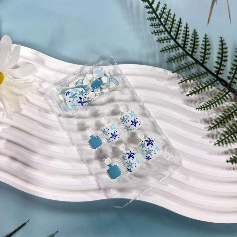 Blue Starfish Press-On Toenails - Short Square Acrylic Nail Tips for Summer Beach | 24 Reusable Nails