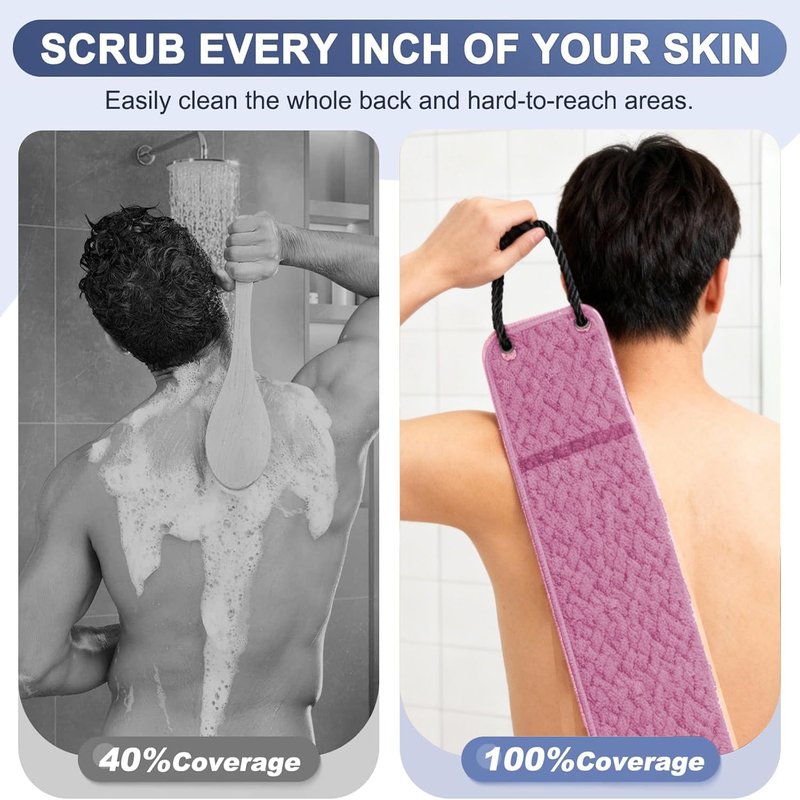 Double Sided Back Scrubber with Long Handle, Exfoliating Shower Brush for Deep Cleaning and Dead Skin Removal, Adjustable Bath Scrubber for Back Acne - Men and Women