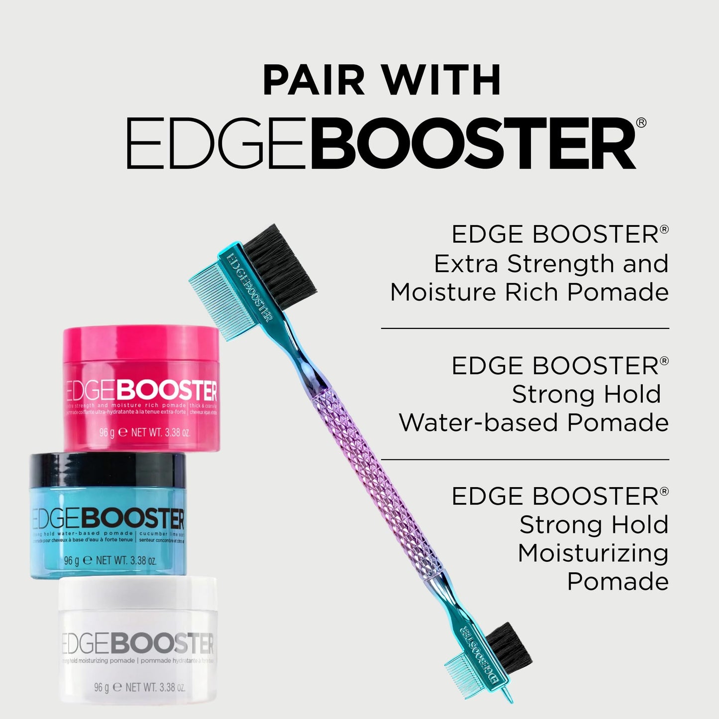 Style Factor EDGE BOOSTER Tri Brush Dual with Pin Tail – Double-Sided Edge Control Brush & Comb with Boar Bristles – For Edges, Slick Backs, Baby Hair Styling, and Taming Flyaways (Green Gold/Stripe)