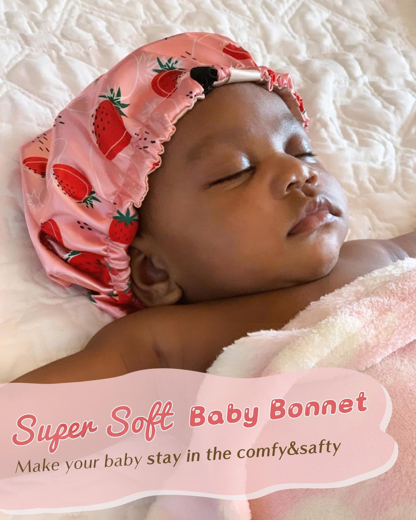 YANIBEST Baby Satin Bonnet Sleep Cap - Double Layer Reversible Adjustable Silky Satin Cap for Infant Toddler(6-36Months,Strawberry)