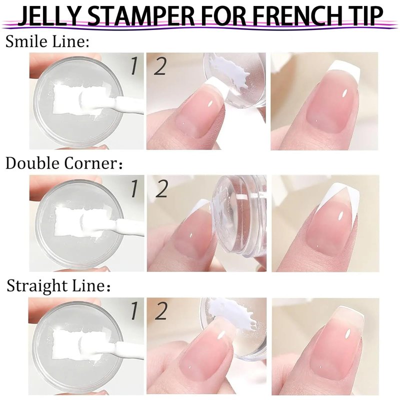 MOLILON French Tip Nail Stamp Set, Clear Silicone Nails Stamping Jelly Stamper with Scraper & 6Pcs Double Head Nail Art Brushes for DIY& Salon Manicure Art