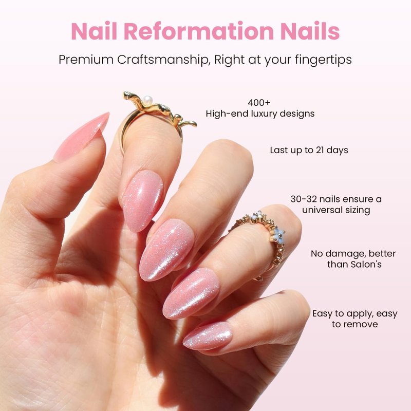 Nail Reformation Press On Nails, Pink Quartz | Cat Eye Velvet Short Almond Fake Nails, Salon Quality, Reusable Natural Stick On Nails Kit - 32 Pcs in 16 Sizes with Glue, Manicure Gifts for Women