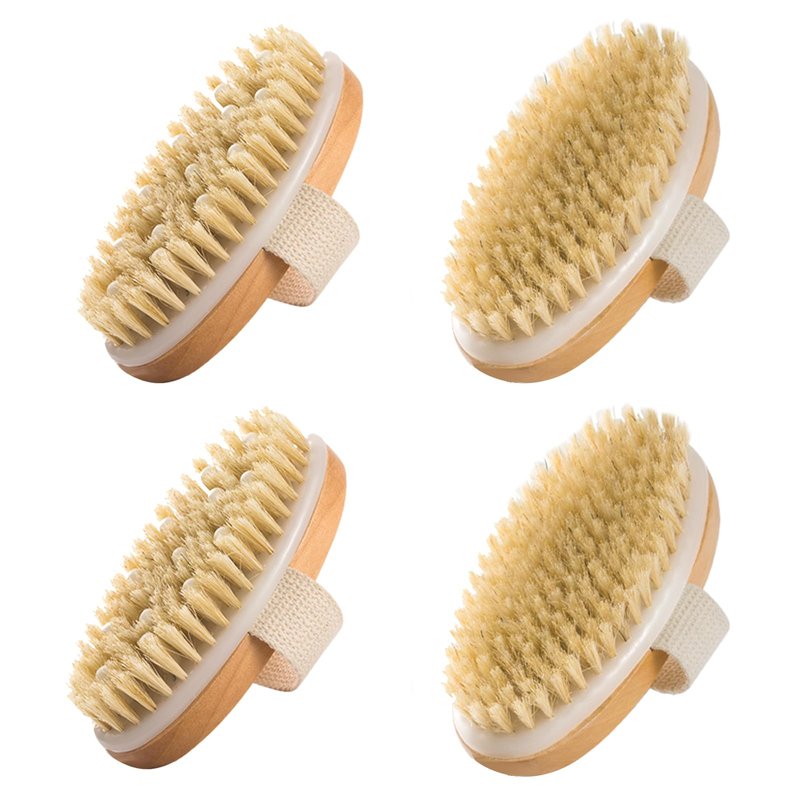 SAMEBUTECO 4 Pack Dry Body Brushing Brushes, Natural Bristle Exfoliating Scrub Brushes with Massage Nodes for Lymphatic Drainage, Skin Firming, Acne Treatment, and Cellulite Reduction