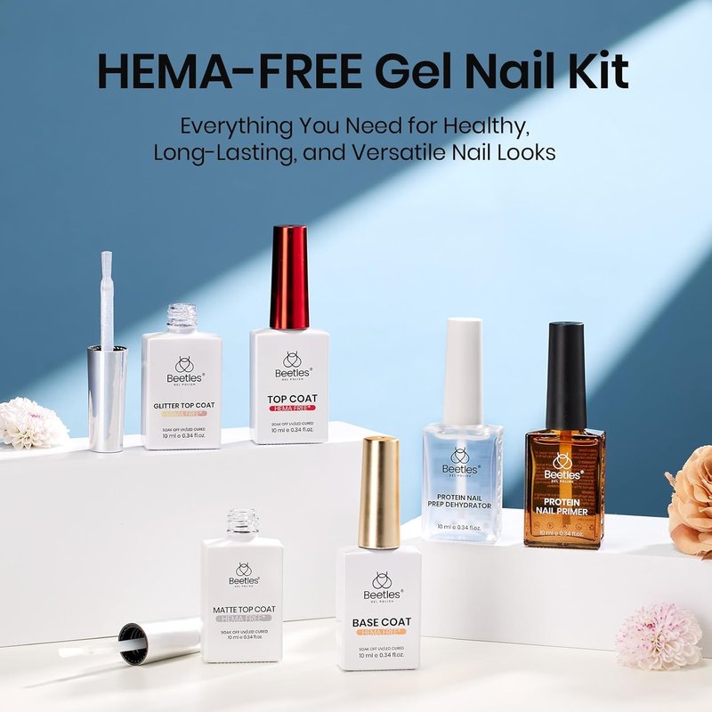 Beetles Protein Nail Prep Dehydrator & Primer - Hema-Free, Acid-Free Bond Primer for Gel & Acrylic Nails | Matte & Glitter Top Coat Set