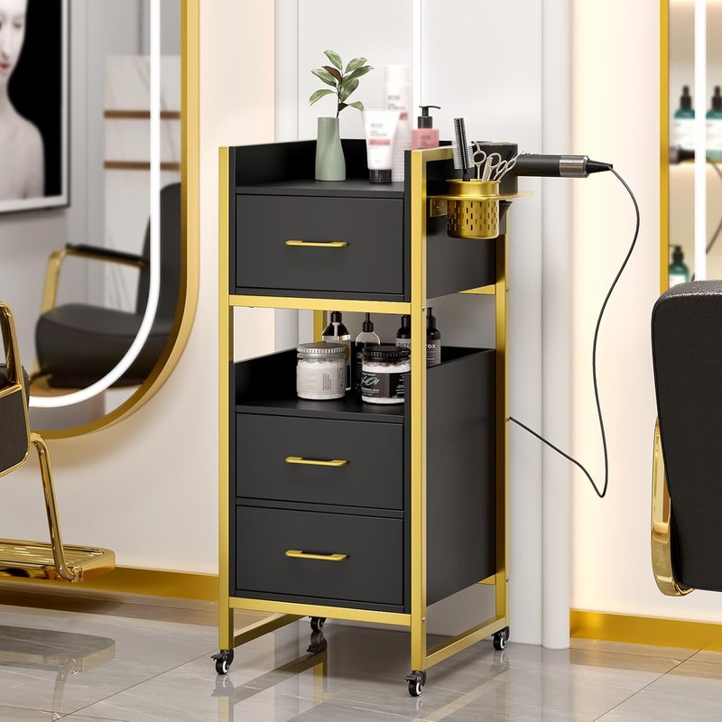 OmySalon Salon Trolley Cart - Mobile Hair Styling Station with 3 Drawers & Tool Holders | Black