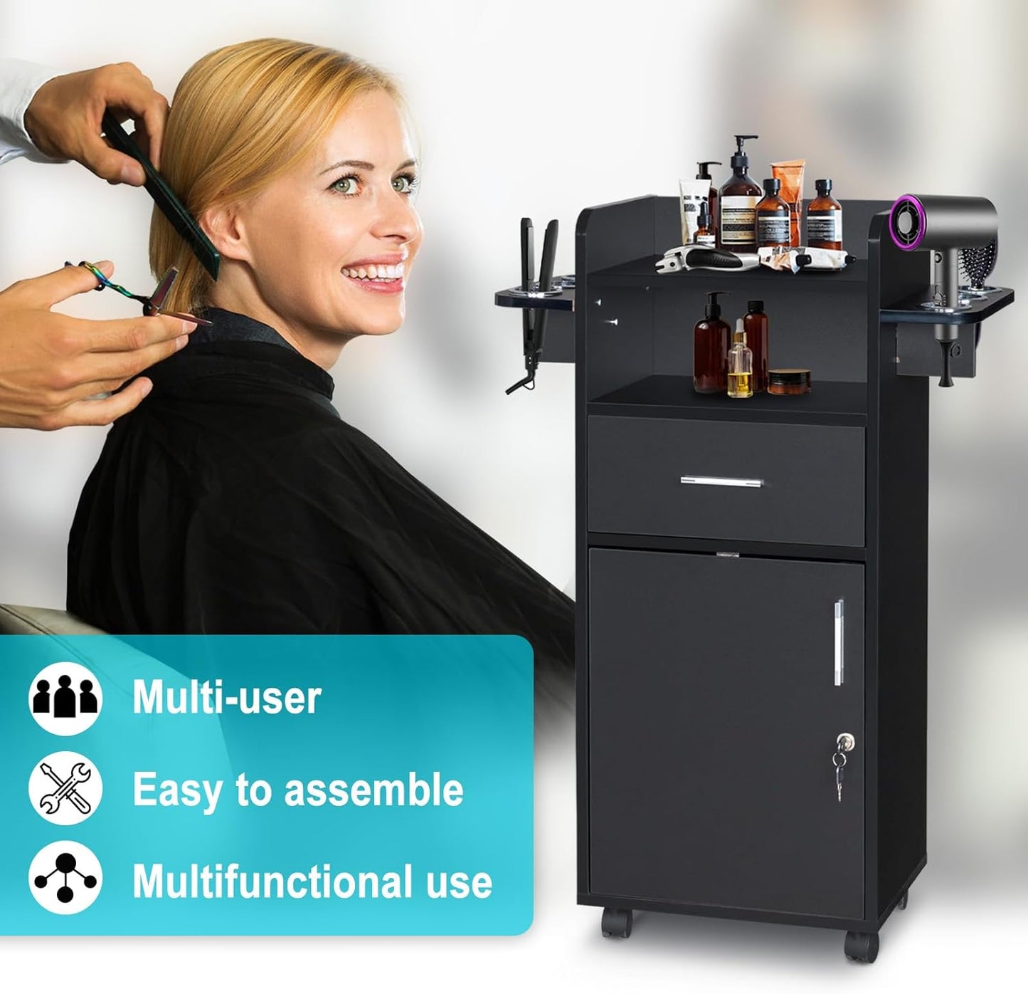 Winado Beauty Salon Trolley Cart - Rolling Salon Station with 360° Wheels, 6 Tool Holders & 1 Drawer | Black
