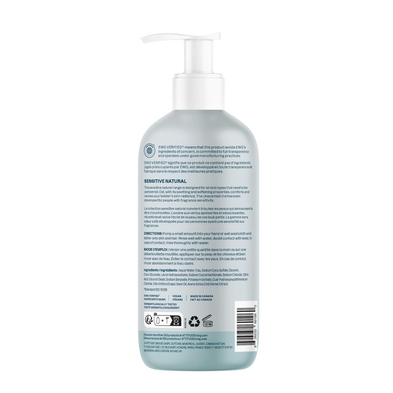 ATTITUDE Baby 2-in-1 Shampoo and Body Wash, EWG Verified, Plant- and Mineral-Based Ingredients, Vegan Products for Sensitive Skin, Unscented, 16 Fl Oz (Pack of 3)