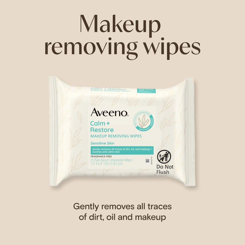 Aveeno Calm + Restore Unscented Makeup Remover Face Wipes, Fragrance Free Facial Cleansing Towelettes with Oat Extract & Calming Feverfew Leave Skin Feeling Soothed, Alcohol Free, 25 ct