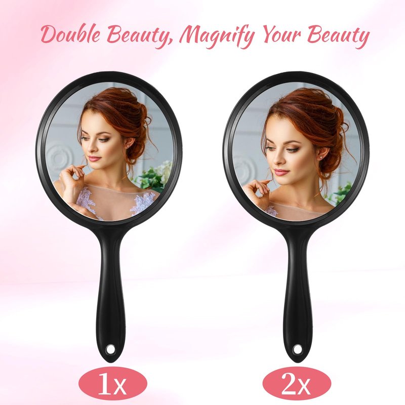 Handheld Mirror with Handle, Black Double-Sided 2X 1X Hand Held Mirror, Handheld Magnifying Mirrors for Women
