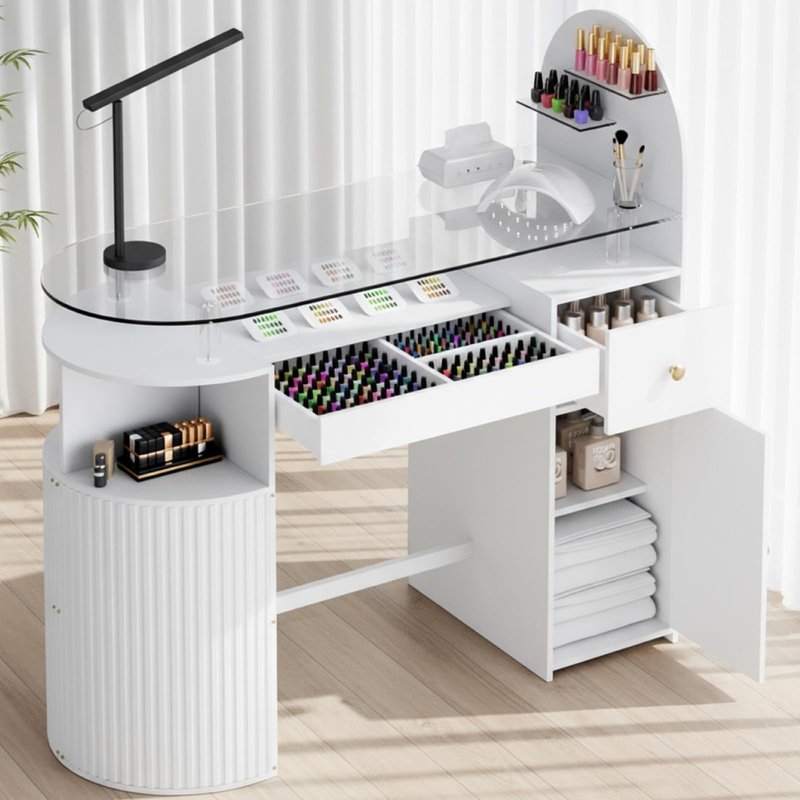 HolaiNail Manicure Table Nail Station with Tempered Glass Top, Professional Nail Tech Desk with Storage Cabinet & Drawer, Acetone Resistant, for Nail Beauty Salon Workstation(White)