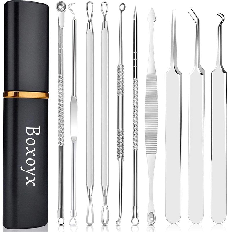 Pimple Popper Tool Kit - Boxoyx 10 Pcs Blackhead Remover Comedone Extractor Kit with Metal Case for Quick and Easy Removal of Pimples, Blackheads, Zit Removing, Forehead,Facial and Nose(Silver)
