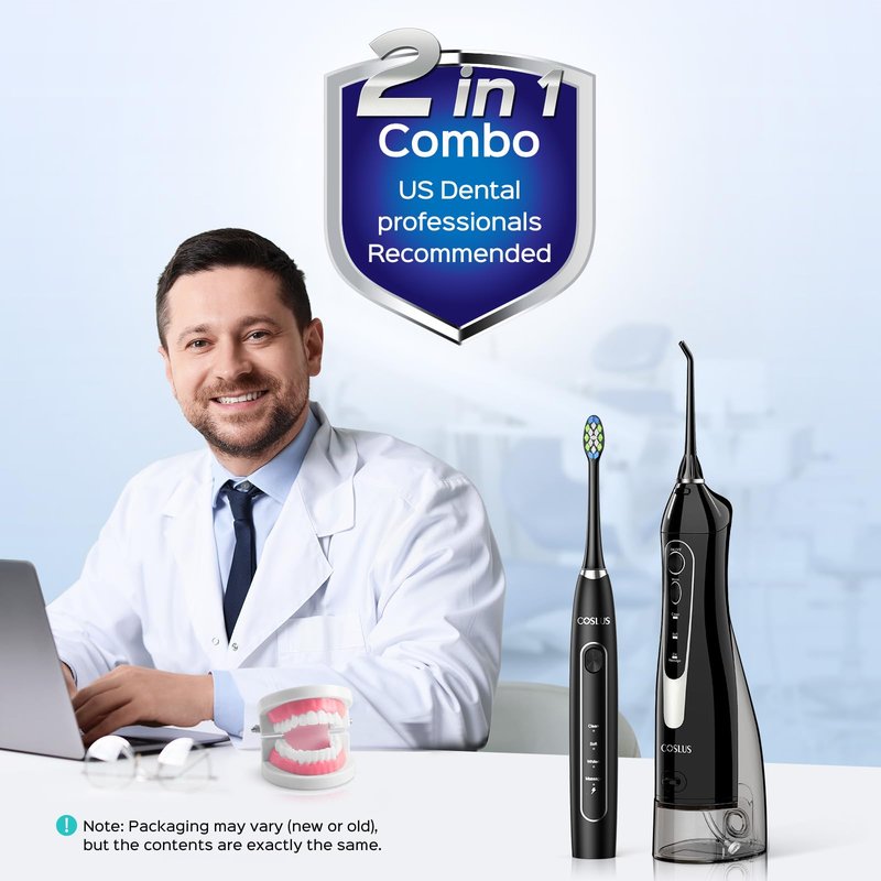 COSLUS C20 & C41 Portable Water Flosser with Electric Toothbrush Combo: 2-in-1 Oral Clean Kit for Teeth, Braces, Gums Care - Brushing & Flossing for Adults, Family, Travel Use, BPA-Free, Black