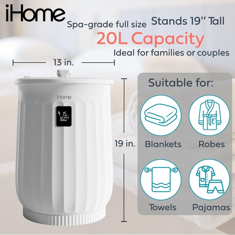 iHome Luxury 20L Towel Warmer - Large Hot Towel Heater with Fragrance Pad Holder | Ideal for Spa & Blankets