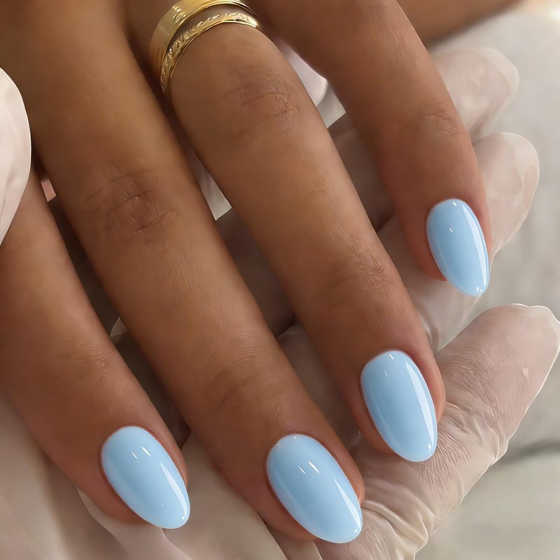 JOYVVEW Pastel Soft Blue Press on Nails Short Oval, 32 Pcs 16 Sizes Soft Gel Fake Nails Press ons Almond, Natural Glossy Opaque Glue on Nails with Glue, Acrylic False Nail for Women Daily Looks