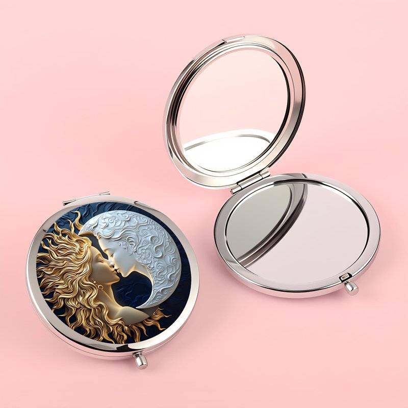 Silver Compact Mirror, 2.8x2.8inch Double-Sided Folding Makeup Mirror with Moon Goddess Face Design, Ideal Gift for Women