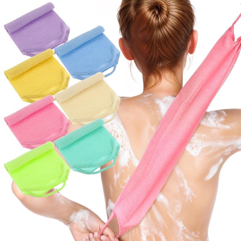 7 Pcs Exfoliating Back Scrubber with Handles, Nylon Back Exfoliator Extended Length Back Washers Scrubbers, Stretchable Exfoliating Washcloth Pull Strap Shower Scrubber for Body Cleans Skin Massages