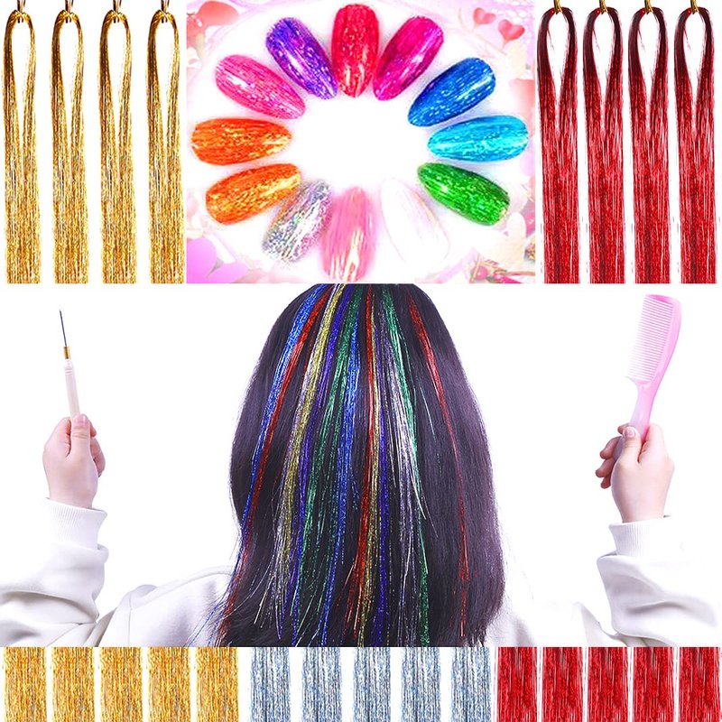 Skiennix Hair Tinsel Kit - 3000 Strands of Sparkling 43-Inch Hair Extensions | 3 Colors for Parties
